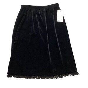 Vintage CLIO Black Stretch Velvet Bead Fringed Hem Pencil Skirt Sz PS #173J